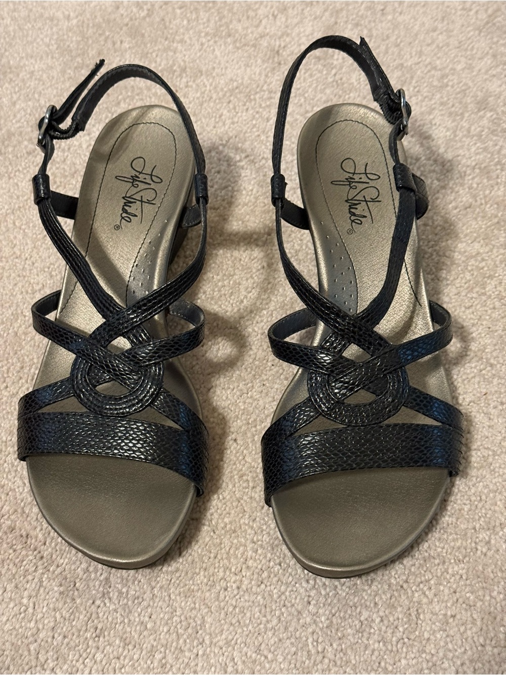 Life Stride Black Textured Strappy Slingback Sandals